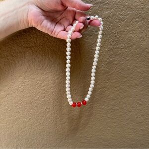 Elegant Pearl and Red Bead Necklace